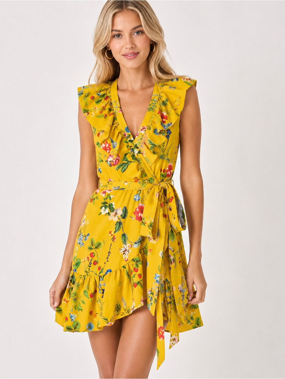 Maeve Anthropologie Yellow Floral Ruffle Wrap Dress Size Medium 6085